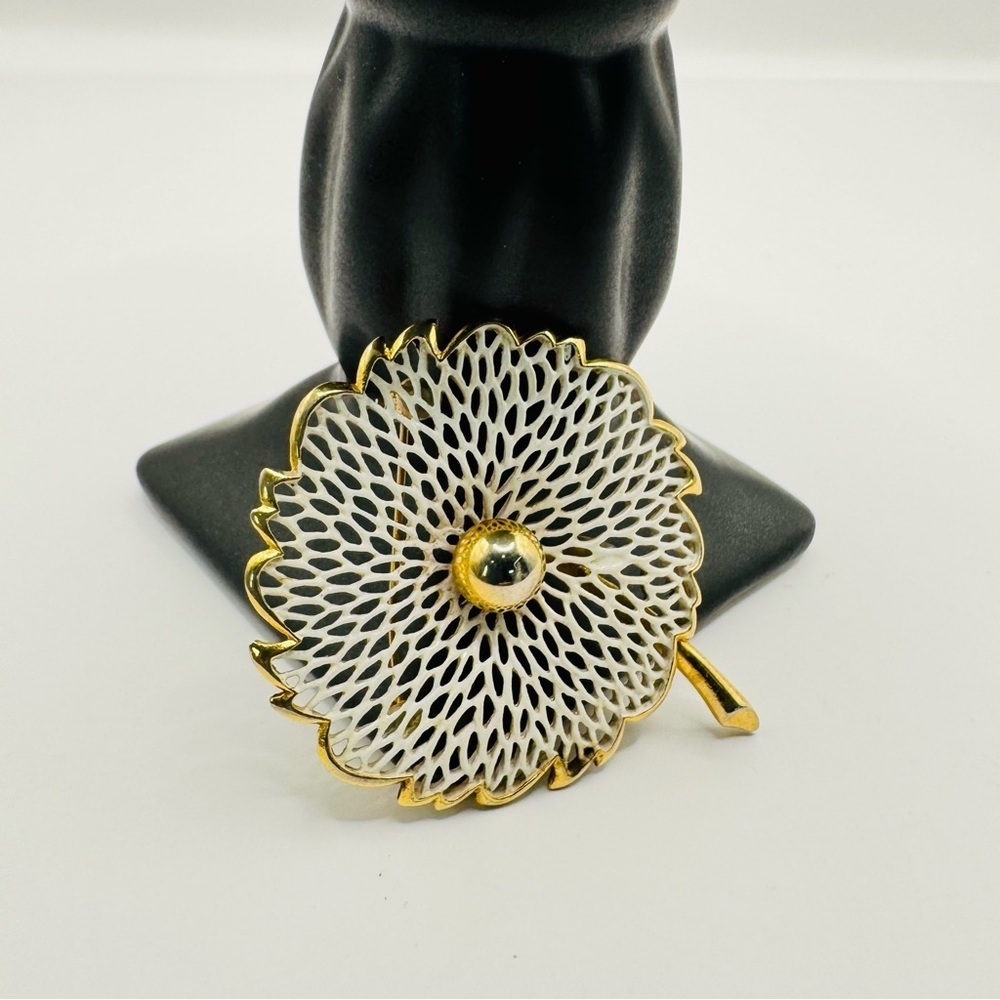 Monet Gold Tone Floral Brooch | White Enamel Flower Pin Vintage Designer Jewelry
